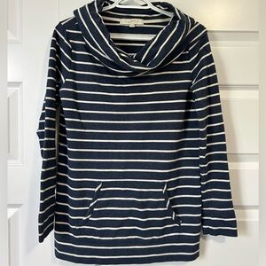 LOFT Blue and White Striped Cowl Neck Sweater